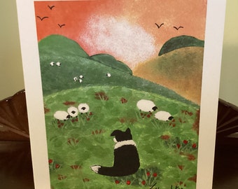 Keeping Watch over the Flock Greeting Card / Sheep Birthday Card / Border Collie Card / Fathers Day Card / Blank Inside