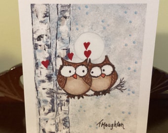 Two Owls Anniversary Card /  Whimsical Owl Card / Owl Wedding Card / Bird Notecard / Owl Love Card / Blank Inside