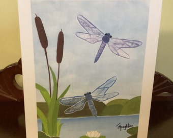 Carte de voeux La danse des libellules / carte d'art libellule / carte d'anniversaire d'été / carte pour notes de vie de l'étang / blanc à l'intérieur