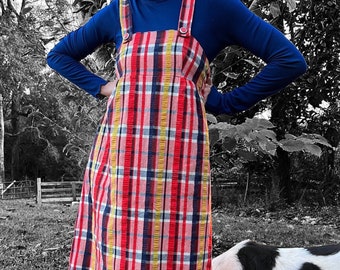 1960’s Red, Navy, Yellow Plaid Pinafore Dress