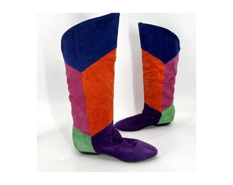 1980s Passports Over The Knee Suede Boots- Colorblock- Low Heel- Comfortable 7.5