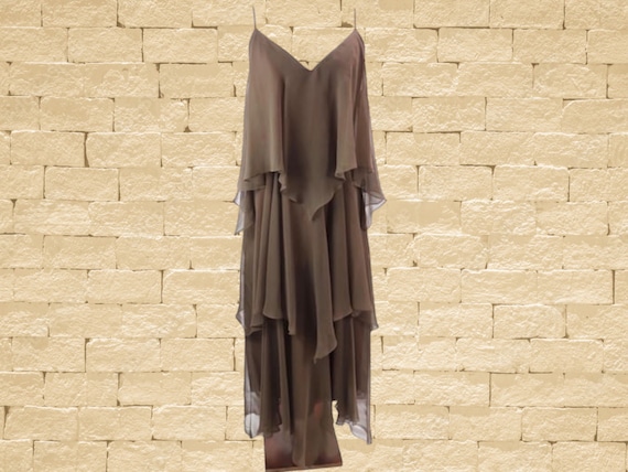 Vintage 1970'S Anthony Muto Brown Tiered Chiffon … - image 1