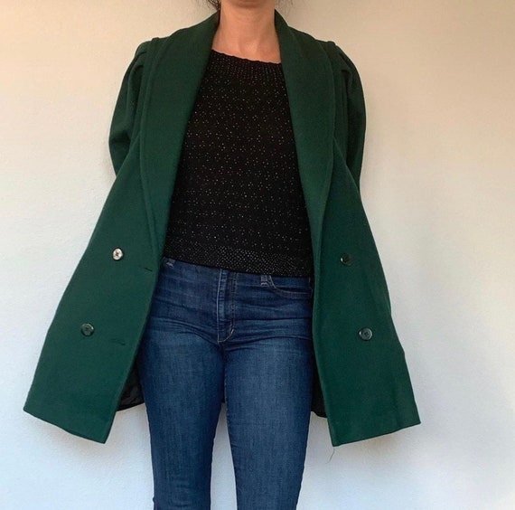 Vintage Green Wool Coat with Huge Pockets and Puff