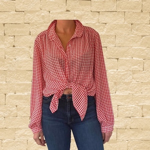 Vintage Hounds Tooth Checked Red Christmas Blouse Crimson Tide UGA Dawg Gear