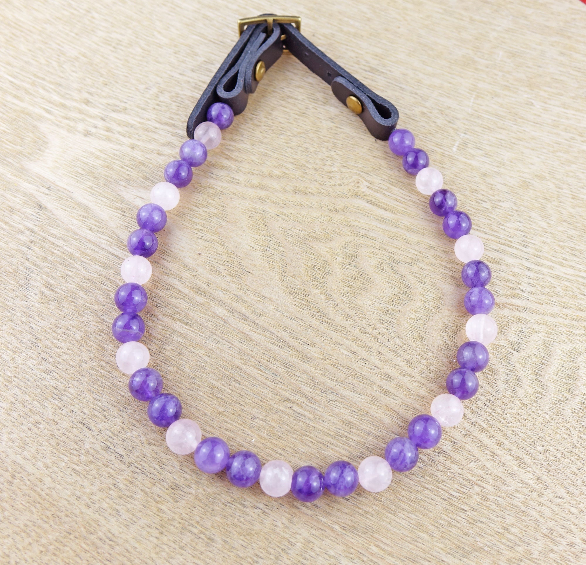 Collier Traumatismes Pour Chien - Améthyste et Quartz Rose, Bien-Être Chien, Collier Lithothérapie P