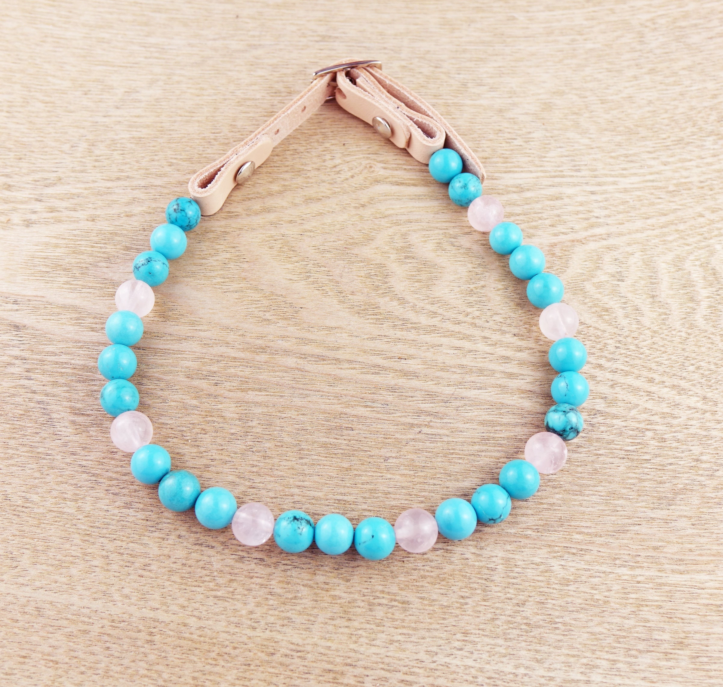 Collier Chien Detente et Calme Pour Les Hyperactifs Qui Aboient Beaucoup Turquoise Quartz Rose Bien-
