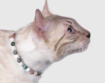 Necklace for AGGRESSIVE cats with a difficult character, Howlite and Agate semi-precious fine stones, cat well-being, cat lithotherapy
