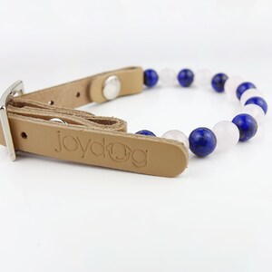 May include: A tan leather dog collar with a silver buckle and a row of blue and pink gemstone beads. The collar is branded with the text "joydog".