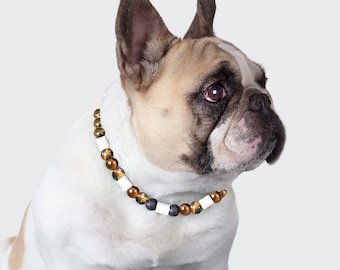 Dog Collar anti-ticks and protection in tiger's eye for emotional blockages, wellbeing pet, lithotherapy collar