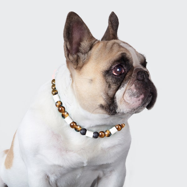 Collier ANTI TIQUES avec oeil de tigre pour les chiens qui ont des manies et de la nervosité, et protection, céramique em, pierre de lave