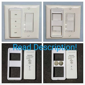 May include: Four white light switch plates with a Philips Hue Dimmer Switch and a Philips Hue Smart Button. The dimmer switch has a white faceplate with a black button and the words "Philips Hue Dimmer Switch" printed on it. The smart button has a white faceplate with a black button and the words "Philips Hue Smart Button" printed on it. The dimmer switch is in the bottom left corner of the image, and the smart button is in the bottom right corner of the image. The two switches are on a white surface.