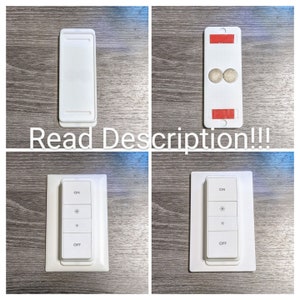May include: Four white light switch covers with different functions. The top left cover is blank. The top right cover has two round buttons. The bottom left cover has the words "ON", "OFF", and two symbols. The bottom right cover has the words "ON", "OFF", and two symbols.