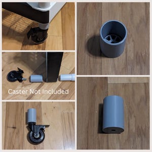 Puede incluir: Primer plano de una rueda giratoria negra con una base de plástico gris. La rueda giratoria está unida a un marco de metal. El texto "Caster Not Included" es visible en la imagen.