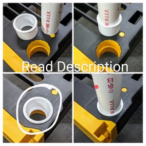 May include: Close-up of four black and yellow plastic pallet jacks with white PVC pipe inserts. The pipe inserts are labeled "Made in U.S.A."