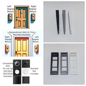 Puede incluir: Imagen que muestra varios accesorios y diagramas de timbres. Incluye diagramas de timbres y opciones de montaje, junto con cuñas de montaje en ángulo en negro, gris y blanco. También se muestran marcos decorativos para timbres.