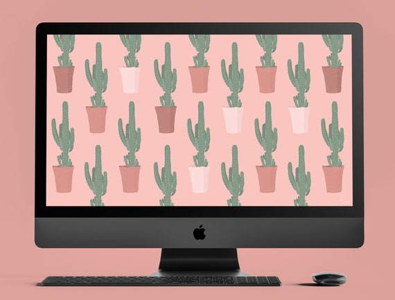 Cactus Print Pink Desktop Wallpaper Plants Desktop Etsy