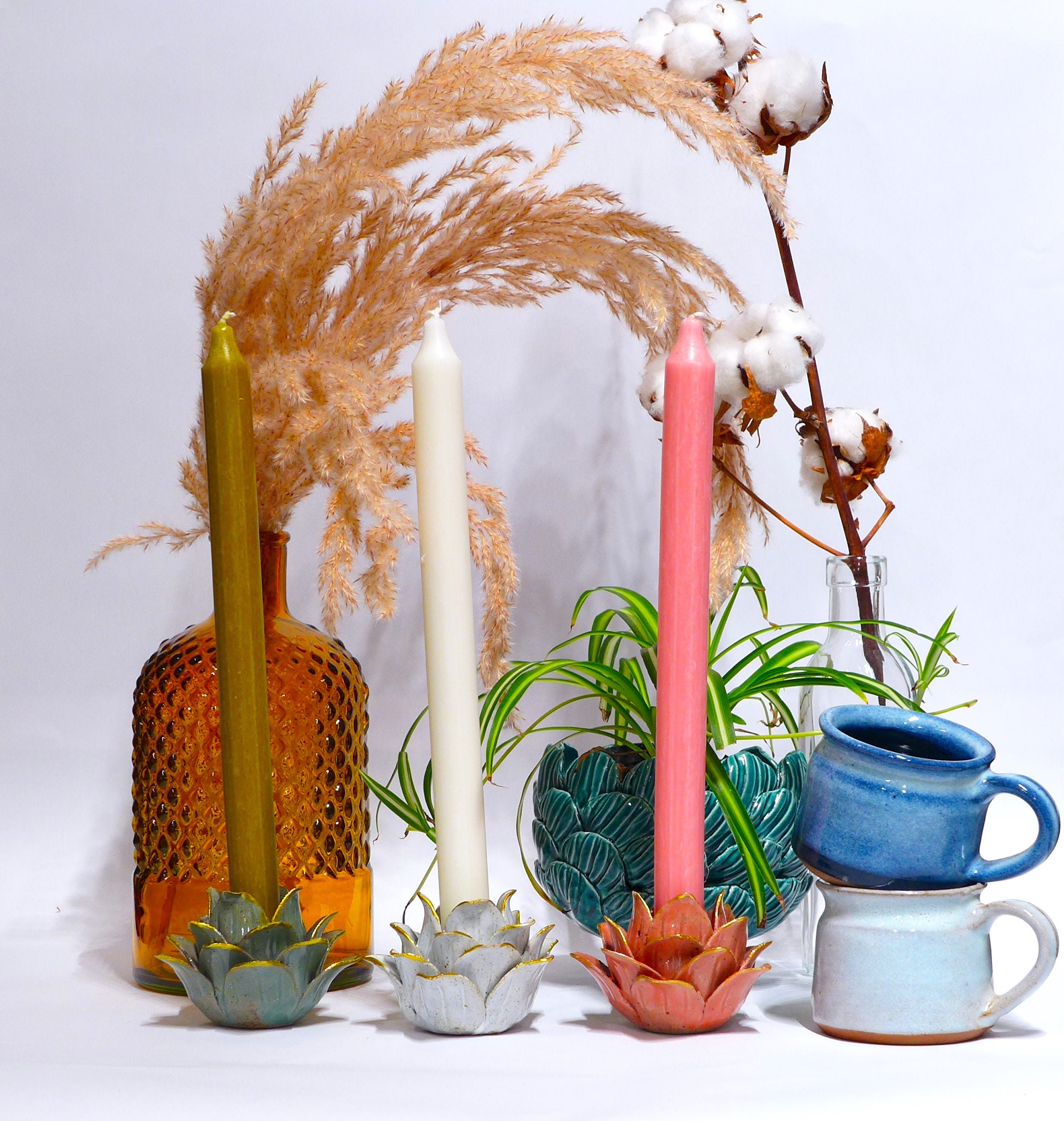 Ceramic flower candle holder with gold tipped petals Etsy