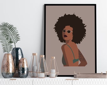 Tattooed afro girl art, feminine wall art, black woman printable, natural hair art, black fashion print, afro art poster, minimalist art