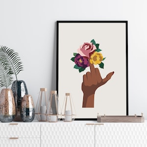 Middle finger flower art, feminist art print, head of flowers art print, black woman art, flower wall art, female flower print, woman art