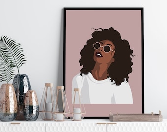 Curly black girl pink wall art, feminist poster, fashion lover home decor, black woman art print,black girl magic print,the future is female