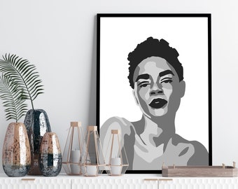 Monochrome black woman wall art, feminist print, minimalist print, female print, Scandinavian art, strong woman art poster, printable art