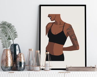 Sleeve tattooed black girl art print, Black woman wall art, Modern Black wall art, Abstract woman art,Black woman poster,Minimalist girl art