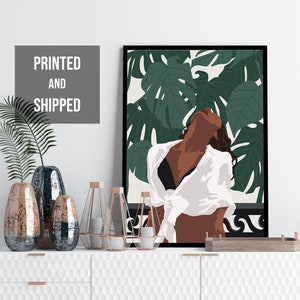 Brown female with Monstera art print, black girl magic, black woman wall art, dressing room wall art, abstract female art, house plant print