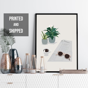Coffee and plant art print, cafe art, coffee print, house plant wall art, fashion poster, minimalist woman art print, coffee lover gift