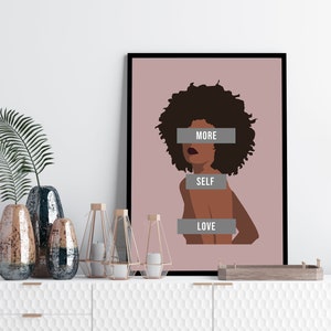 More self love print, the future is female pink art print, feminist wall art, black woman print, black girl wall art, girl power art poster image 1