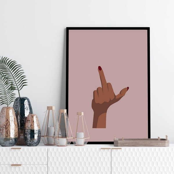 Pink middle finger art print, feminist wall art, black woman wall art, pink art poster, black girl magic art, Woman Illustration Print