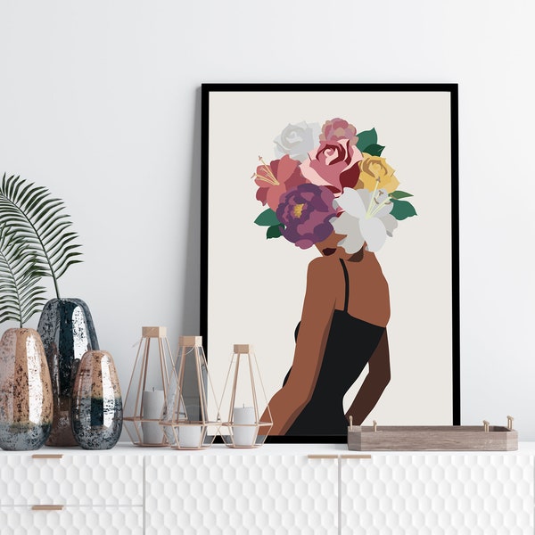 Black woman flowers head, Head of flowers art print, Woman with flower head, female flowers print, black girl magic print, feminist print