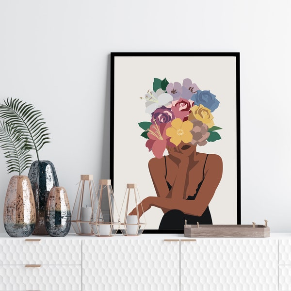 Cabeza de flores arte impresión, mujer con cabeza de flor, flores femeninas impresión, negro mujer flor cartel, arte afroamericano, arte de mujer abstracta