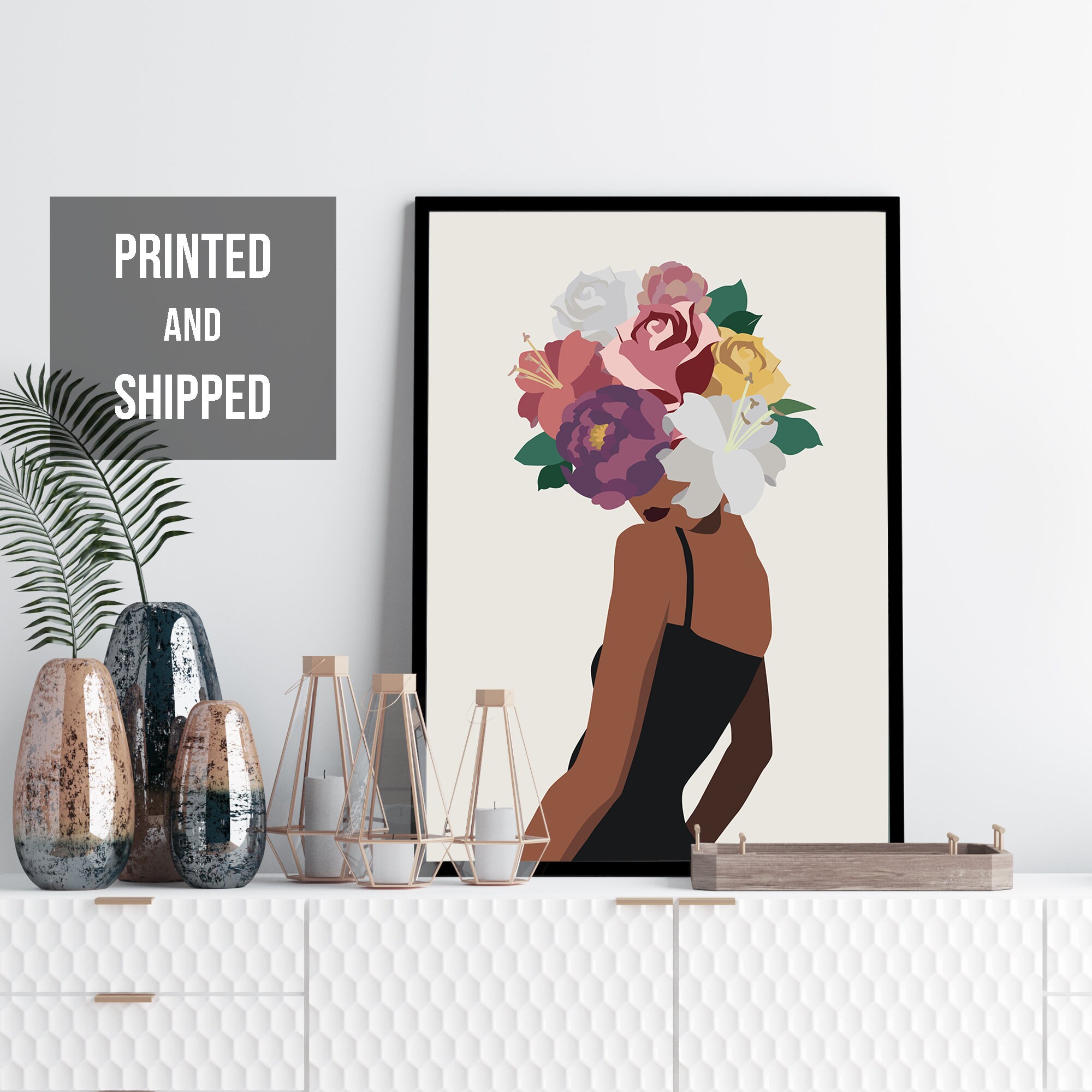 Black woman head of flower art print female flower art Etsy