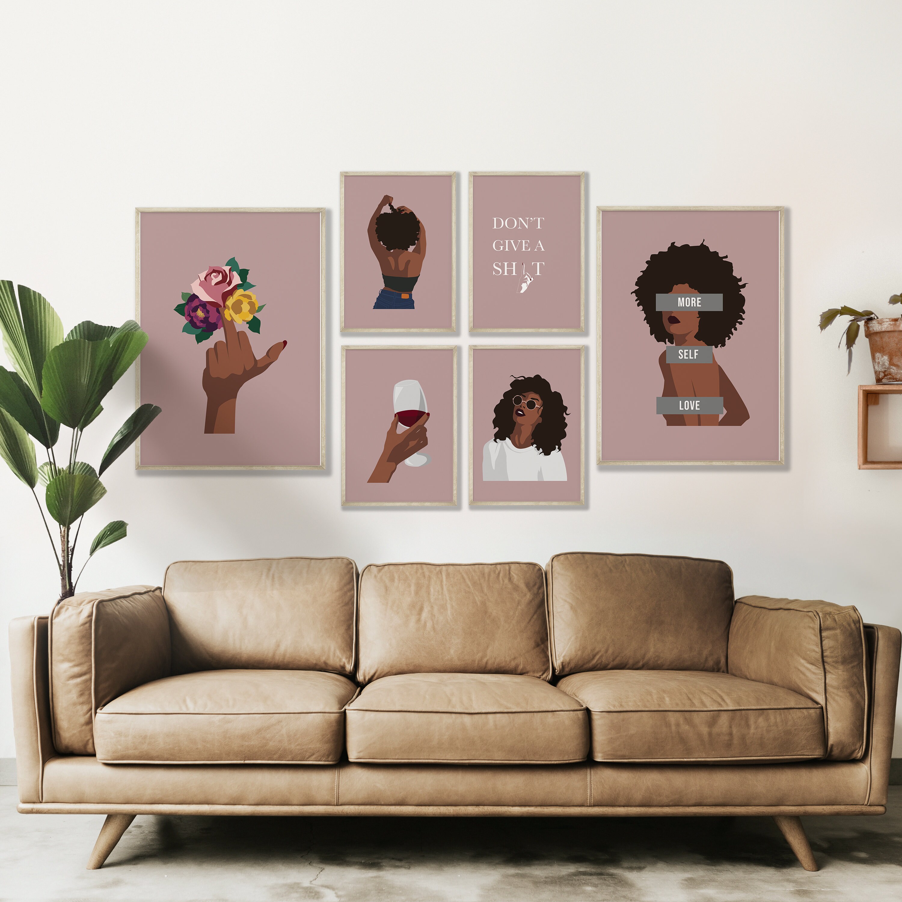 Black Woman Pink Gallery Wall Art Set, Set of 6 Prints, Black Woman Art ...