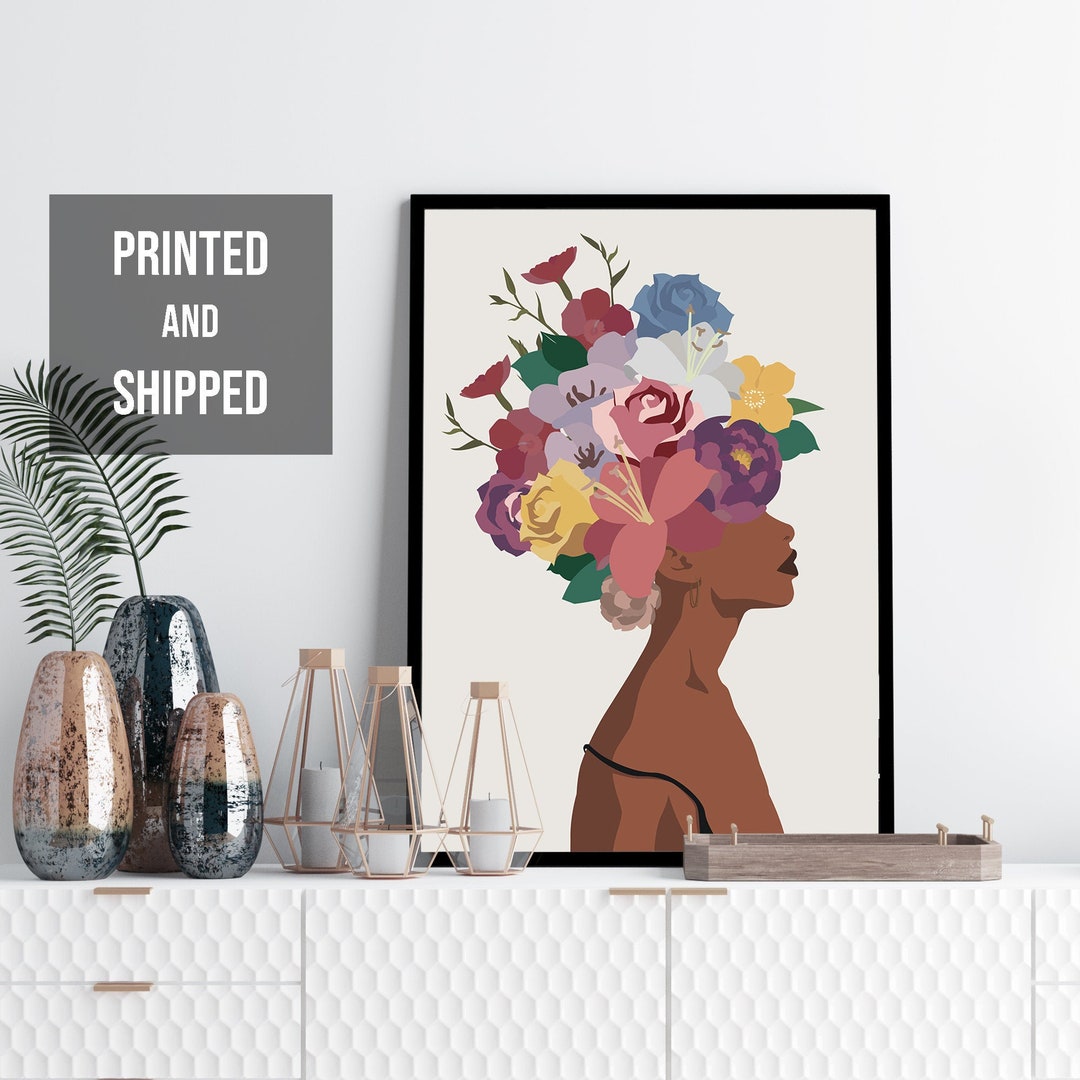 Flower Head Black Woman Print, Black Girl Magic Art, Brown Female Art