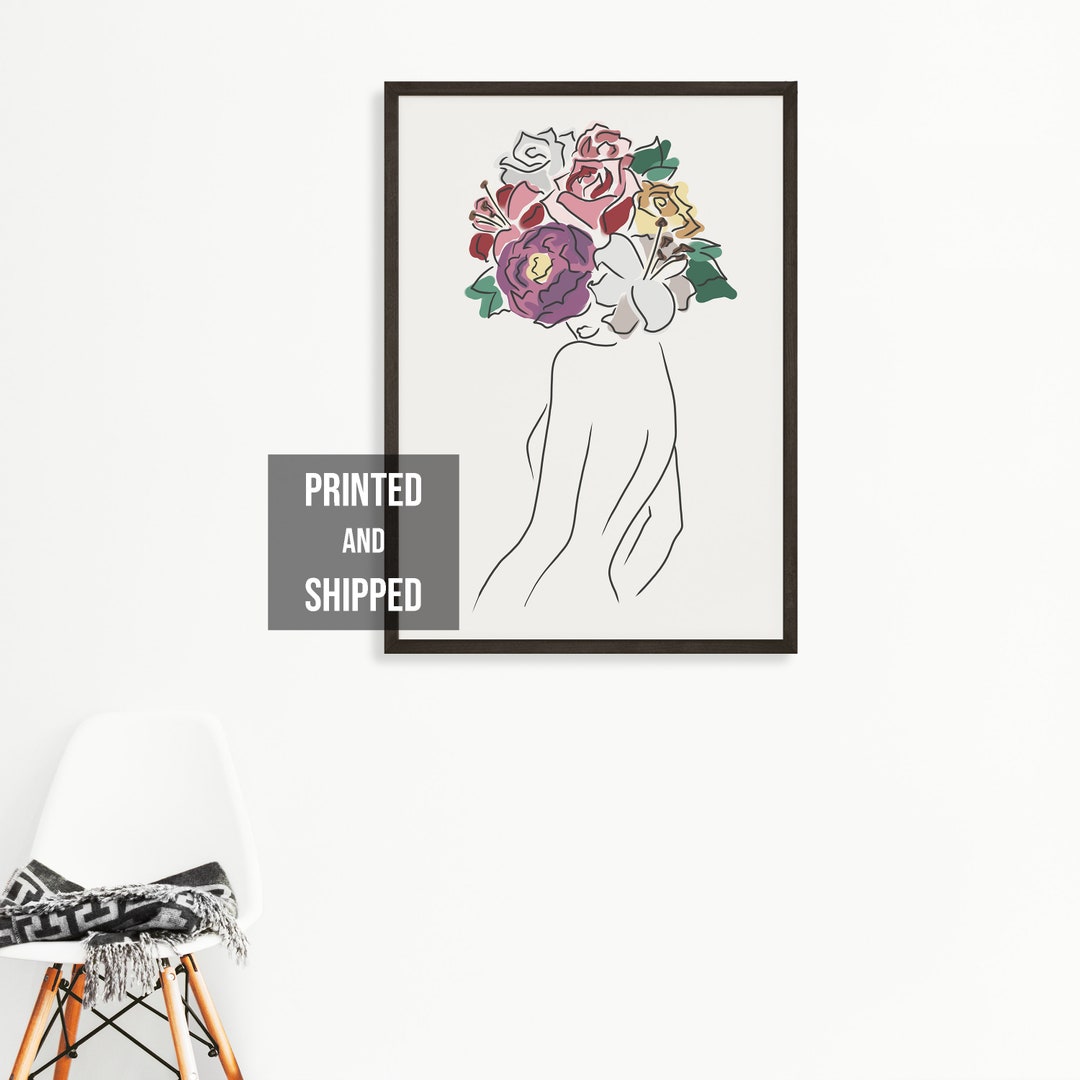 Flower Head Art, Line Art Woman With Flowers, Head of Flowers Art Print