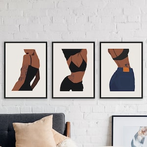 Set of 3 black woman art prints, black woman art, black girl art, black girl magic, naked modern art, black girl wall art, black women art