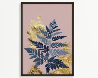 Modern Navy Pink Gold Plant Illustration wall art, Pink and Navy Abstract Plant Wall Art, Pink Tropical plant leaves art print