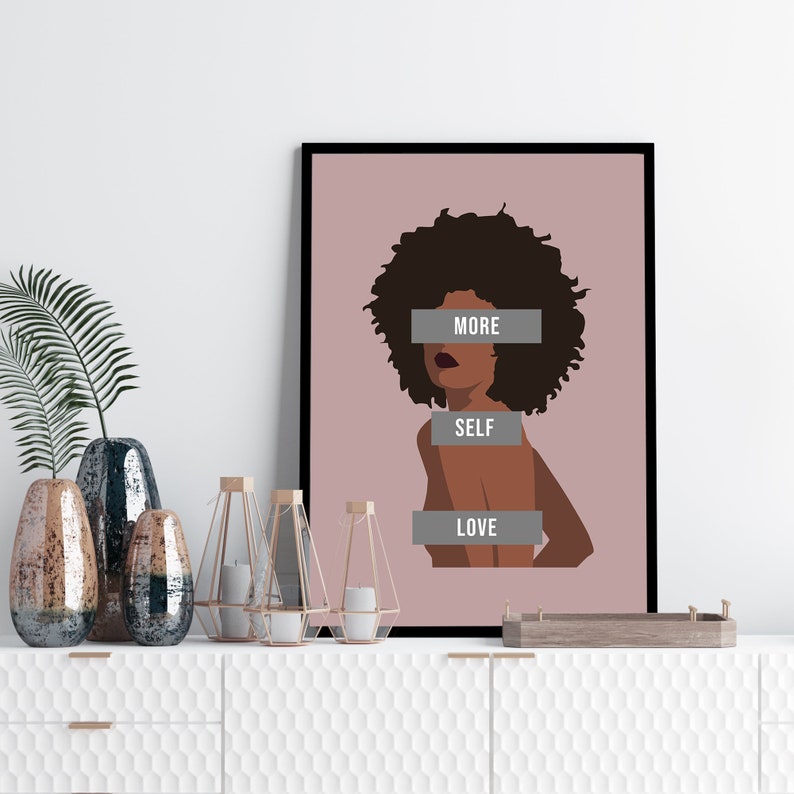 More self love print, the future is female pink art print, feminist wall art, black woman print, black girl wall art, girl power art poster image 1