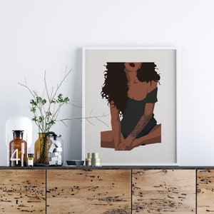 Curly hair black woman art print, Black girl magic art, African American art, Modern woman art, Brown female wall art, Natural hair art image 3