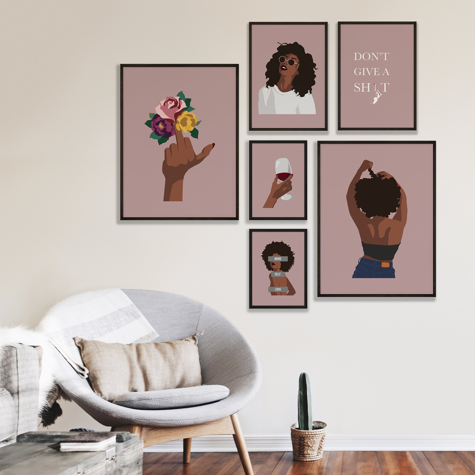 Black Woman Pink Gallery Wall Art Set, Set of 6 Prints, Black Woman Art ...