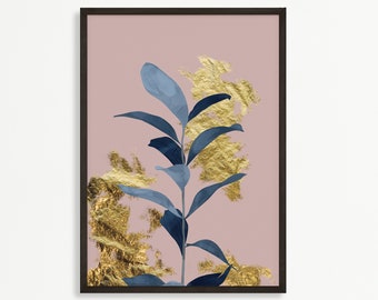 Aesthetic Navy Pink Gold Plant Wall Art Print, Pink Navy Gold Tropical plant leaves art print, Navy gold wall art, Pink Gold Flower Print