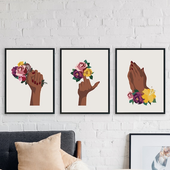 Set of 3 black woman hands flower art prints, feminist art print, middle finger print, girl power art, black girl gallery wall art set