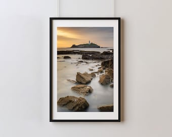 Evening Sunset print of Godrevy Lighthouse, Cornwall. Long Exposure Photo