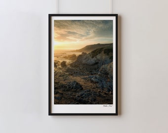 Colour Print of Mist and Golden Sunset at Dollar Cove, Cornwall