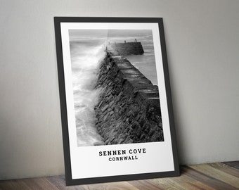 Sennen Cove Print: Black and White Stormy Seas Photography