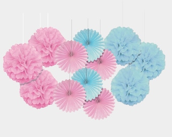 Decoration Kit - Pom Poms Multicolour Decorations, Paper Flower Fans Balls Tissue Multicoloured Wedding Birthday, Carnival, Party Puff Balls