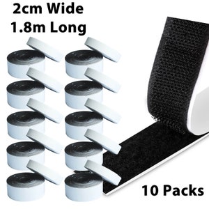 2cm x 1.8m Black Hook & Loop Tape, Self Adhesive , Double Sided, Sticky, Strip 10 Pack