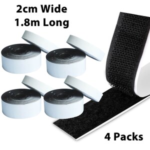 2cm x 1.8m Black Hook & Loop Tape, Self Adhesive , Double Sided, Sticky, Strip 4 Pack