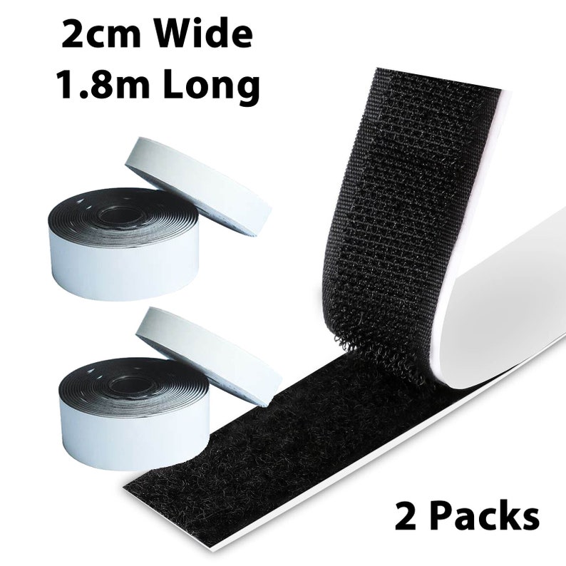 2cm x 1.8m Black Hook & Loop Tape, Self Adhesive , Double Sided, Sticky, Strip 2 Pack